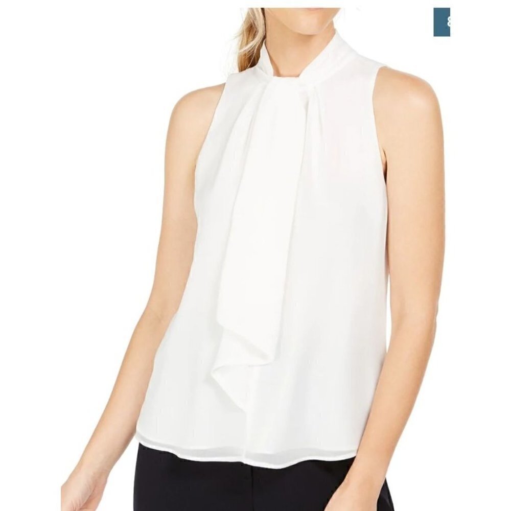 Calvin Klein Petite White Tie Neck Sleeveless Chiffon Blouse MP